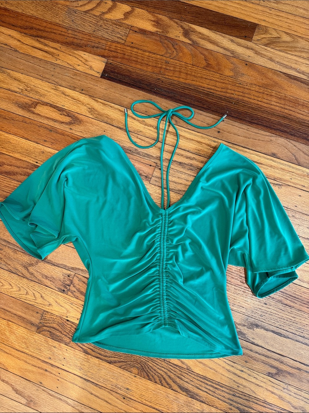 White House black market Green Ruched V-Neck Tie-Back Women's Top size xs